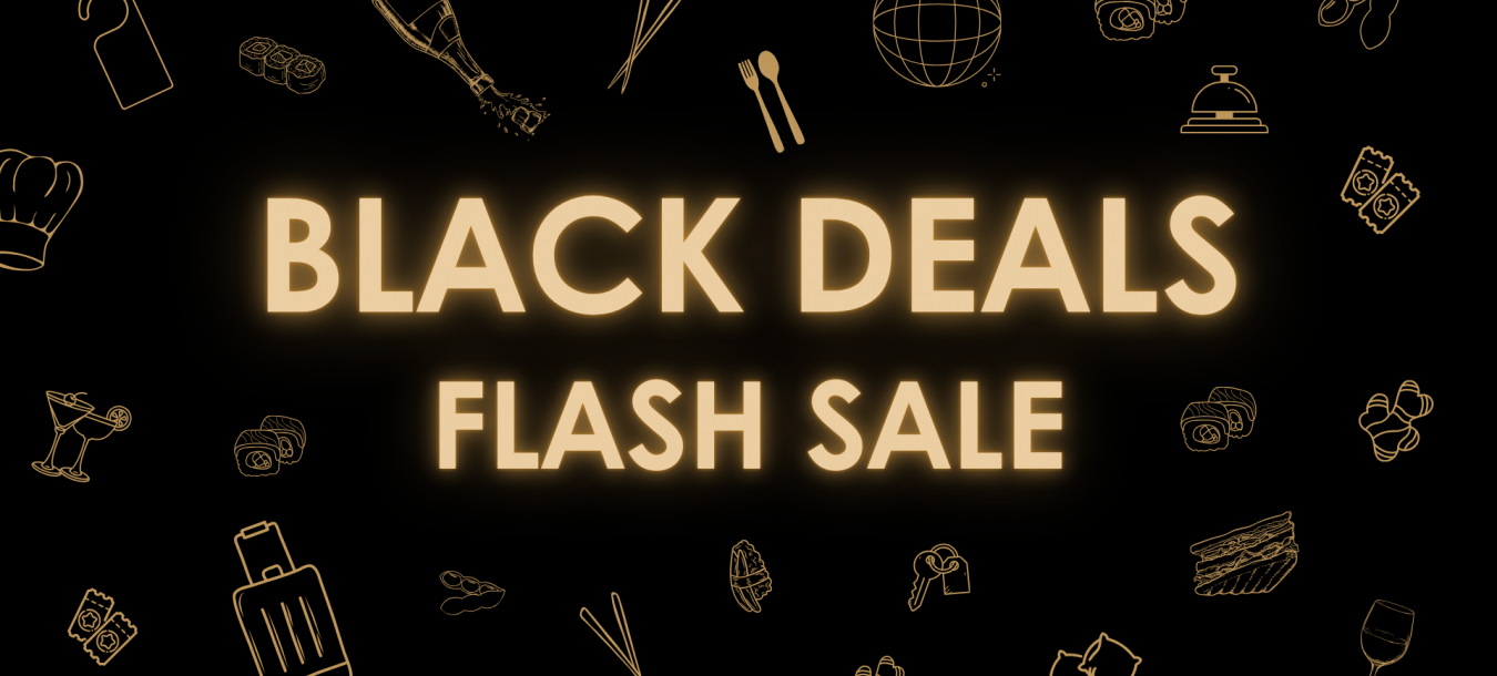 „Black Deals Flash Sale“ in leuchtendem Text auf dunklem Hintergrund, umgeben von Strichzeichnungen mit Motiven aus den Bereichen Reisen, Küche und Getränke, die Spannung vermitteln.